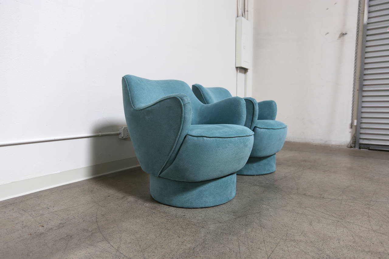 Fabric Pair of Barrel Swivel Lounge Chairs by Vladimir Kagan for Directional