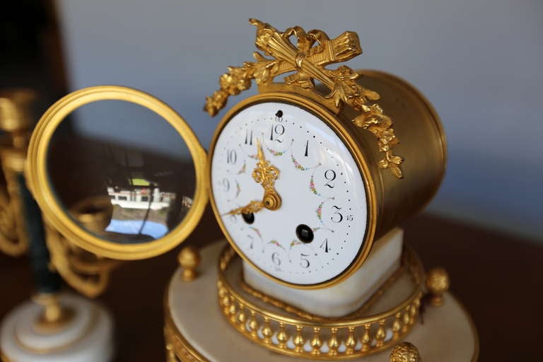 French Bronze & Marble Clock Garniture Set