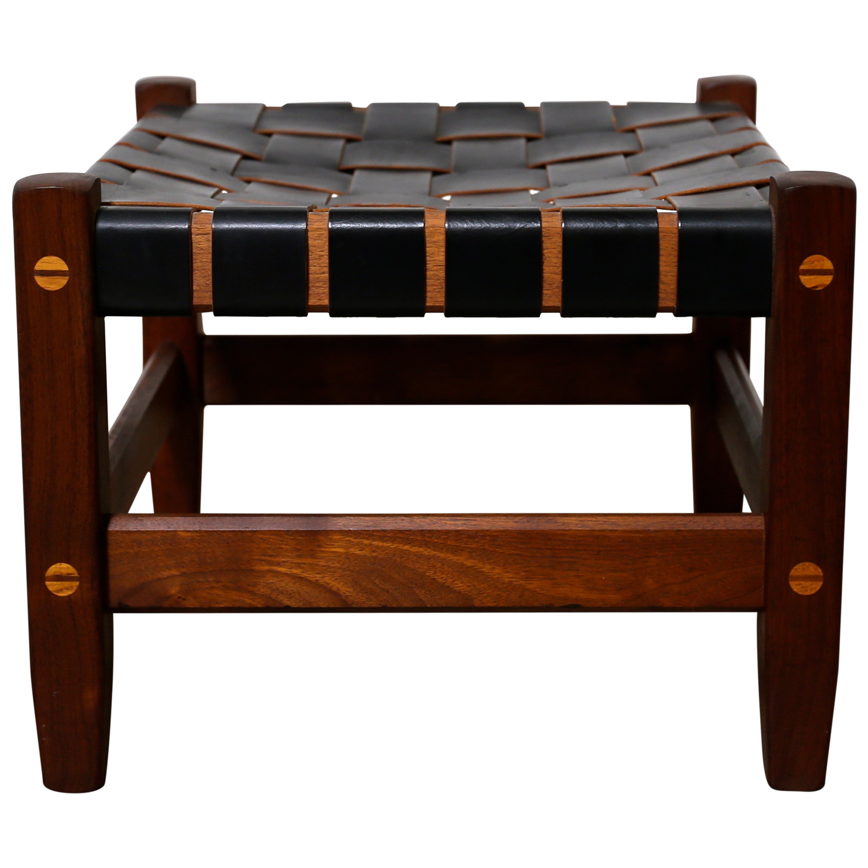 Walnut and Woven Leather Low Stool