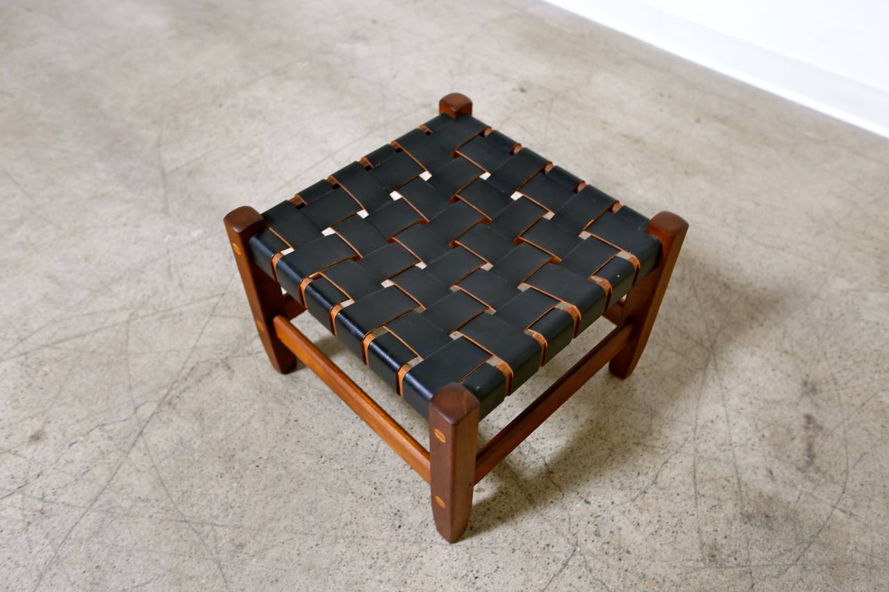 Walnut and Woven Leather Low Stool In Good Condition In Costa Mesa, CA