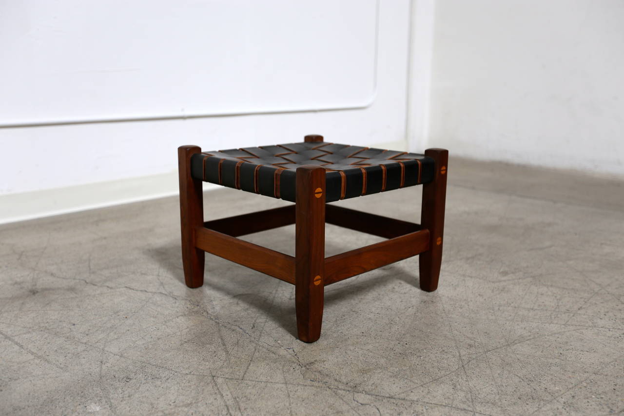 Mid-Century Modern Walnut and Woven Leather Low Stool