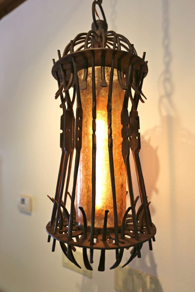 Very rare and important hand forged iron hanging lamp by California artist - blacksmith C. Carl Jennings.