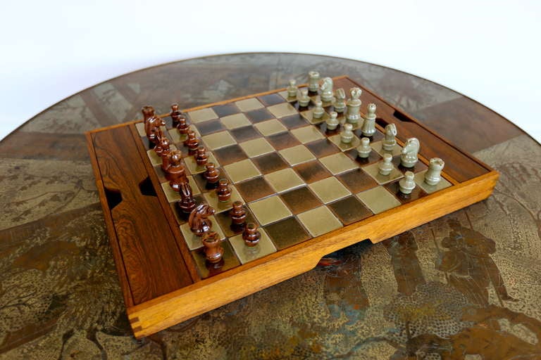 Danish Rosewood & Ceramic Chess Set In Excellent Condition In San Juan Capistrano, CA
