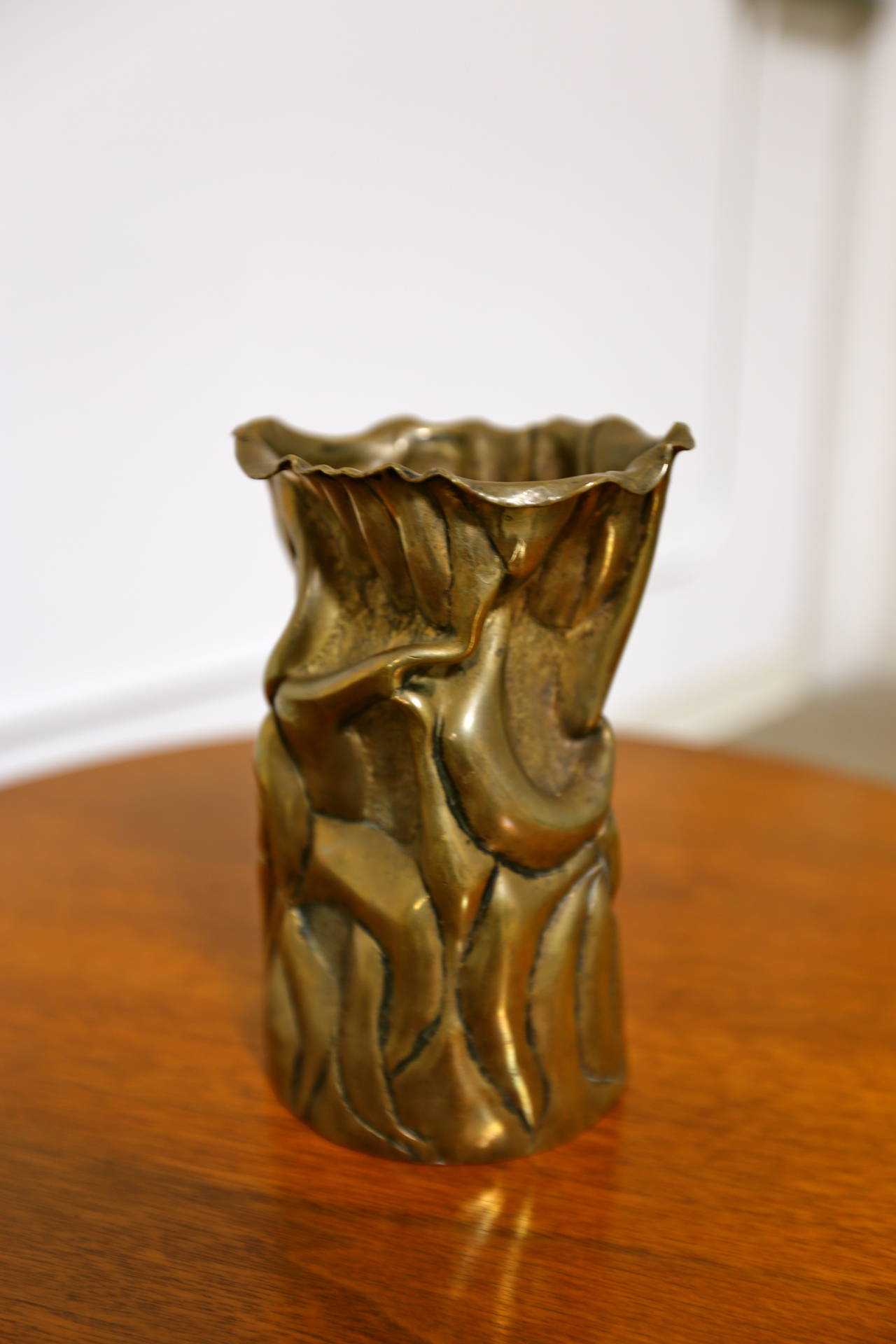 Brutalist sculptural brass vessel by Willian D. Chuchwar.