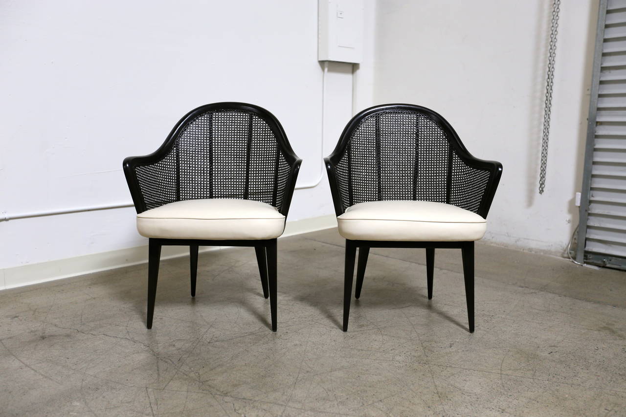 Leather Pair of Caned Back Armchairs by Harvey Probber
