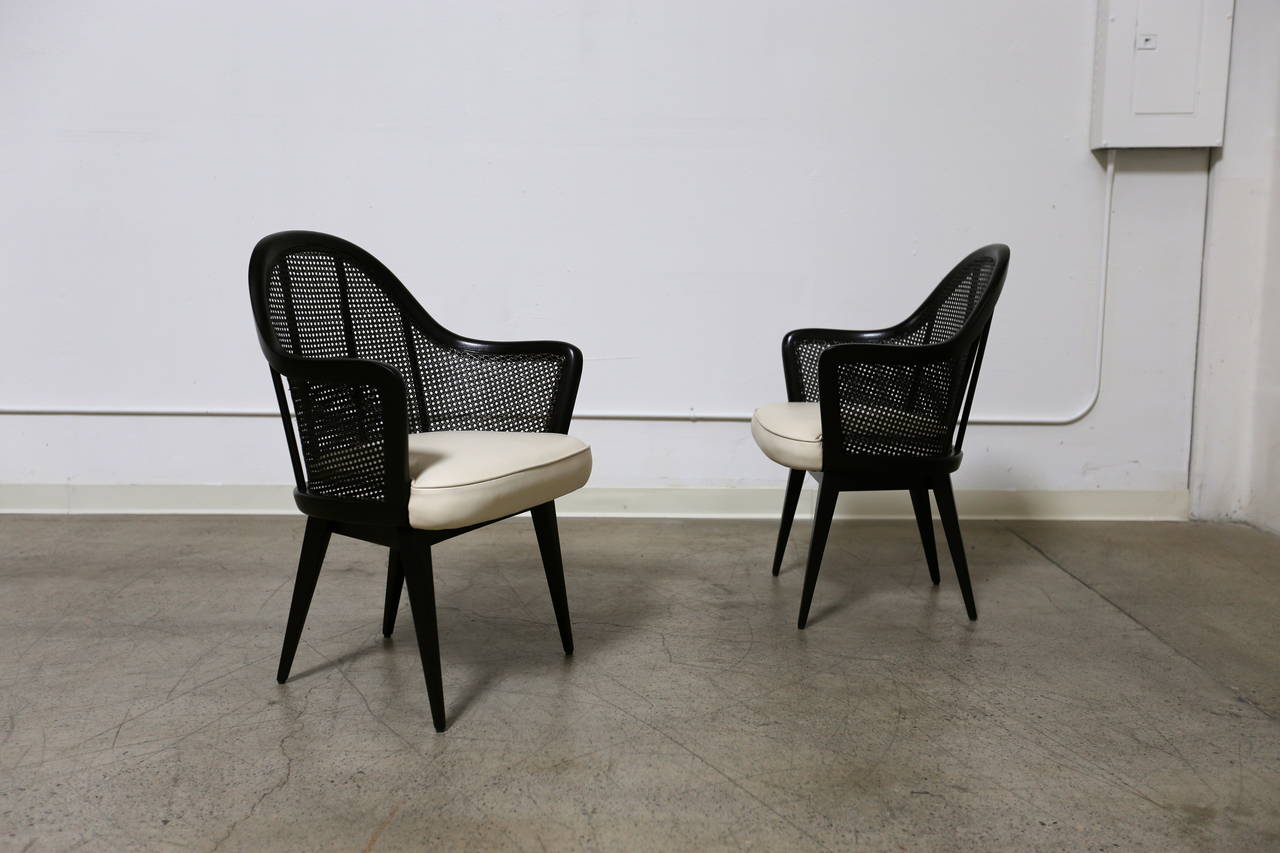 Ebonized Pair of Caned Back Armchairs by Harvey Probber