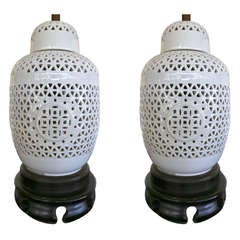 Pair Of Chinese Pierced Ceramic Covered Jar Lamps