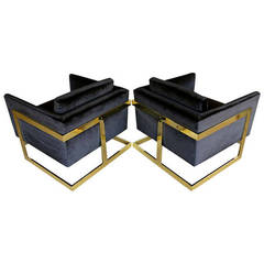 Pair of Brass and Black Velvet "Cube" Chairs by Milo Baughman