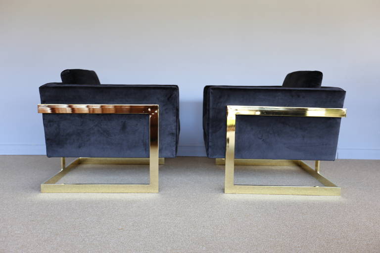 Pair of Brass and Black Velvet "Cube" Chairs by Milo Baughman at 1stDibs