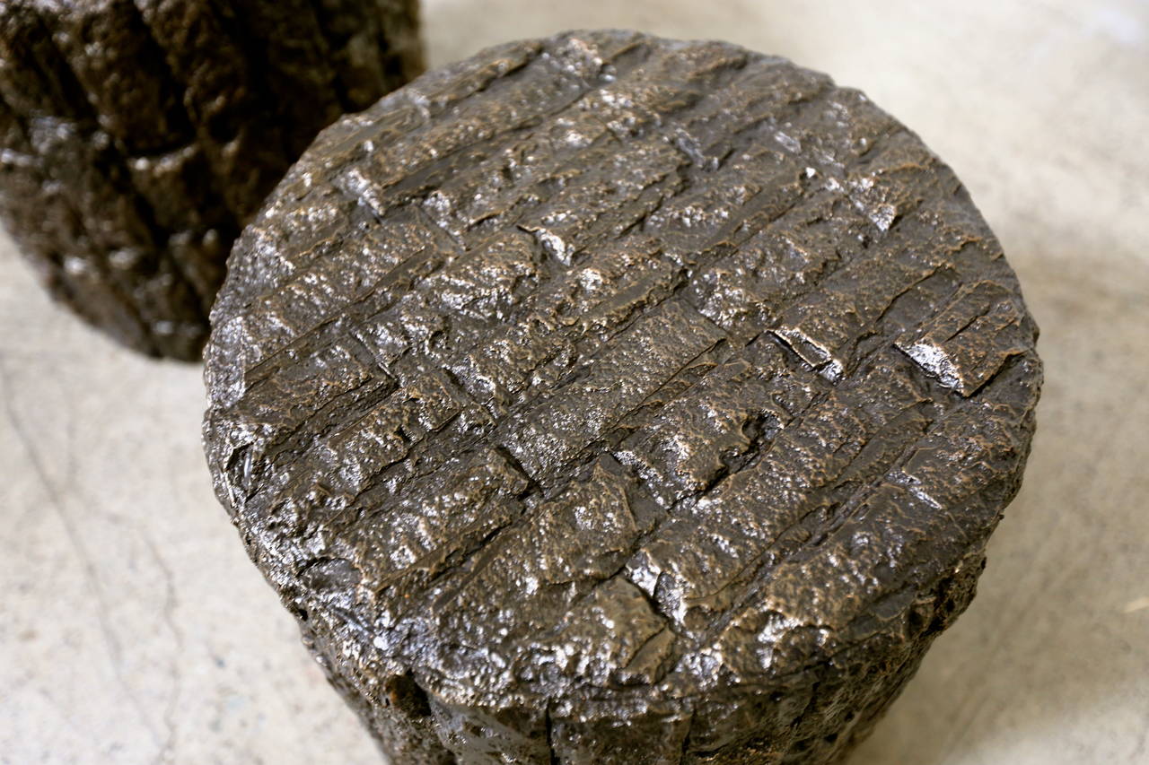 Bronze Pair of Brutalist Drum Side Tables