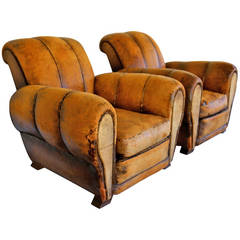 Vintage Distressed French Leather Club Chairs, circa 1930s