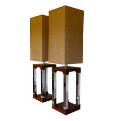 Large Scale Solid Walnut and Chrome Table Lamps
