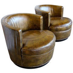 Pair of Distressed Bronze Leather Swivel Lounge Chairs by Edward Wormley