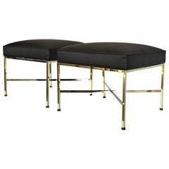 Pair of Polished Brass and Leather X-Base Stools by Paul McCobb
