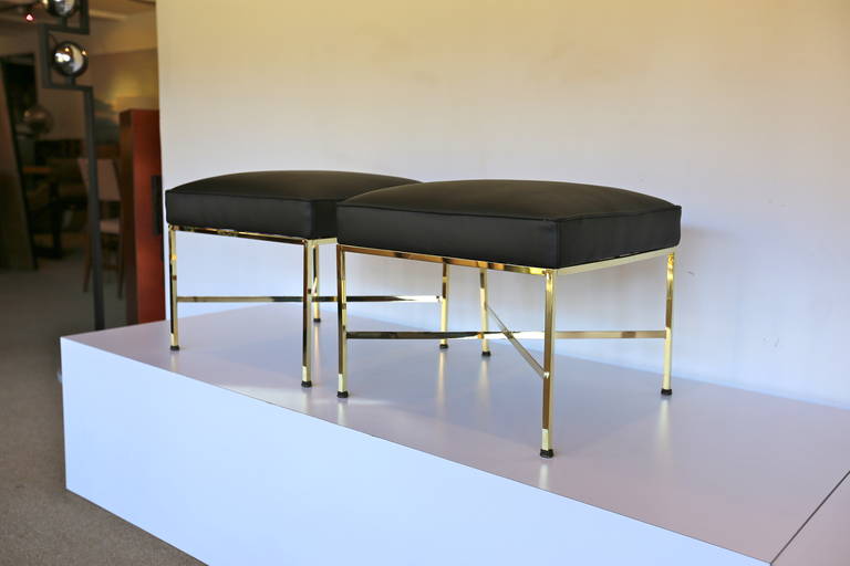 Pair of Polished Brass and Leather X-Base Stools by Paul McCobb