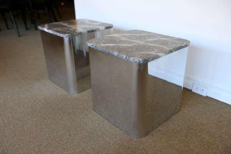 Pair Mirror Polished Aluminum & Marble Side Tables