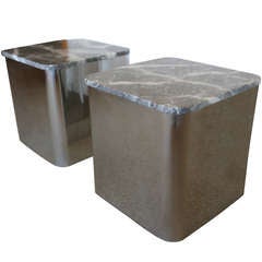 Pair Mirror Polished Aluminum & Marble Side Tables