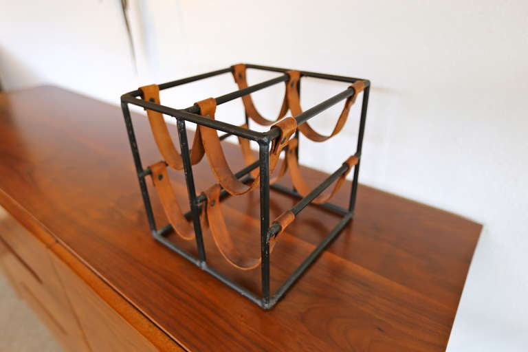 Iron & Leather Wine Rack by Arthur Umanoff  In Good Condition In Costa Mesa, CA