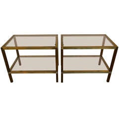 Pair of Brass and Smoked Glass Side Tables by Mastercraft