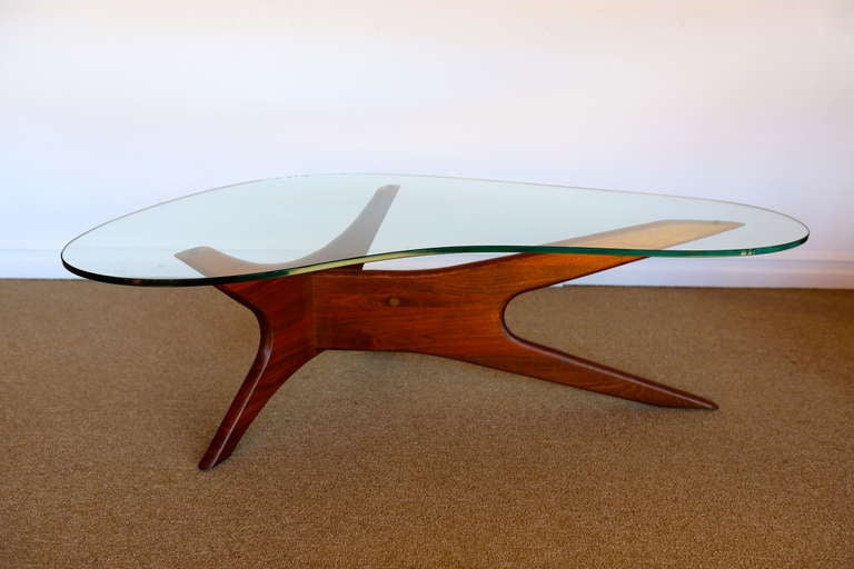 Sculptural Kidney Shaped Walnut & Glass Coffee Table by Adrian Pearsall.