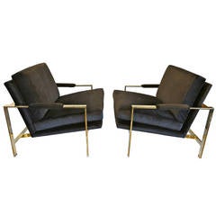 Mirror Polished Brass and Velvet Lounge Chairs by Milo Baughman