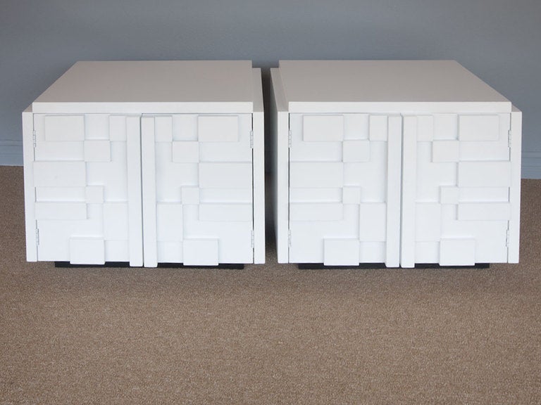 Mosaic satin white lacquered pair of nightstands by Lane. Brutal design influenced by Paul Evans and Louise Nevelson. Tall dresser also available.