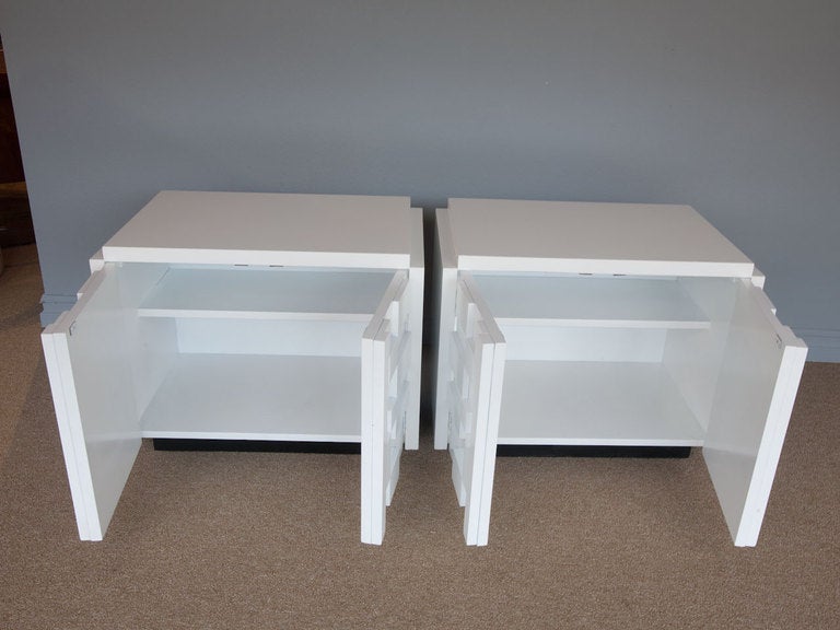 American Mosaic Satin White Lacquered Pair Nightstands By Lane
