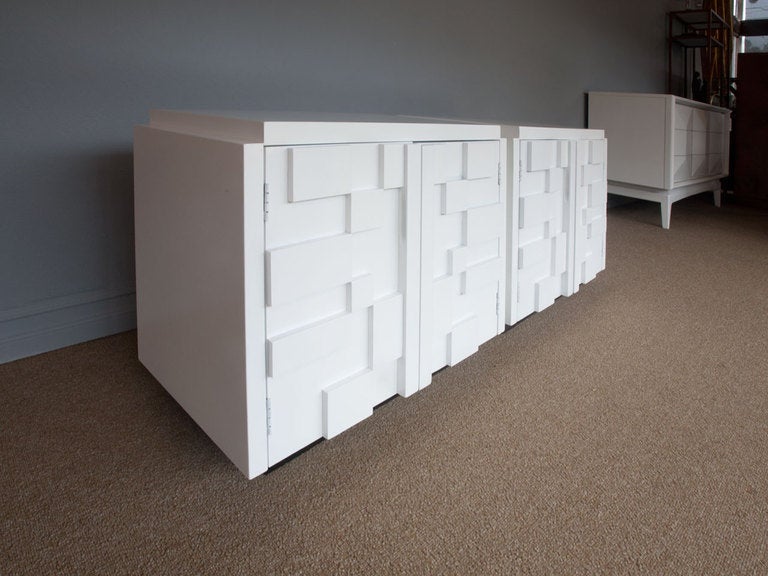 Mosaic Satin White Lacquered Pair Nightstands By Lane 1