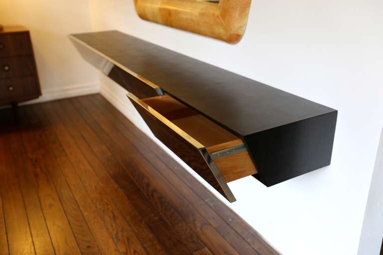 20th Century Leather & Mirror Polished Stainless Steel Floating Console by Pace
