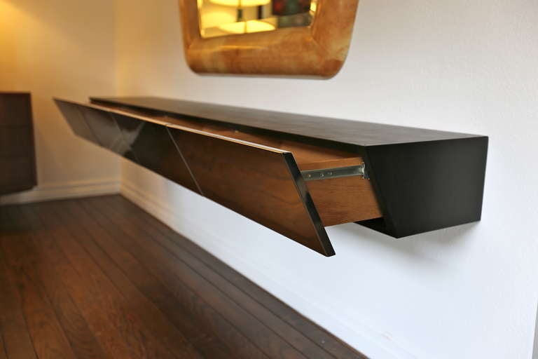 Mid-Century Modern Leather & Mirror Polished Stainless Steel Floating Console by Pace