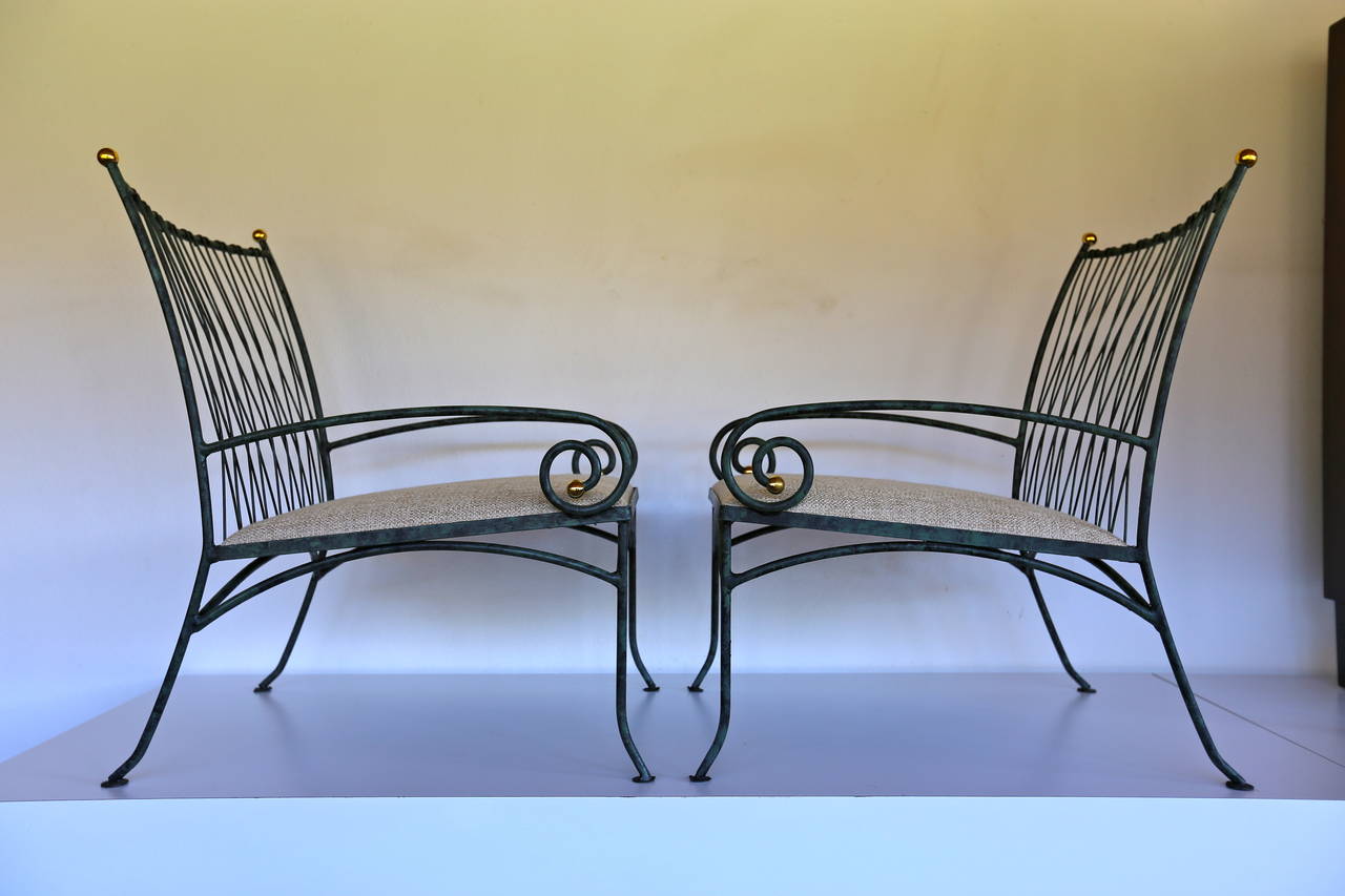 Pair of Verdigris Scroll Arm Iron Lounge Chairs