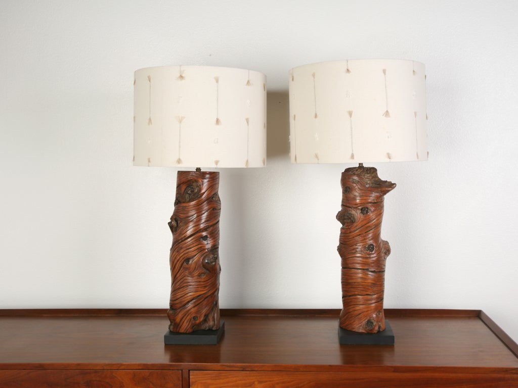 pair vintage windswept burl wood lamps