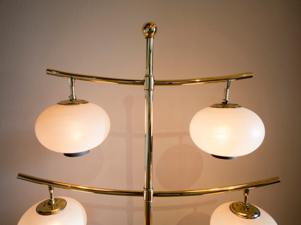 American Unique Asian influenced brass & frosted glass floor lamp