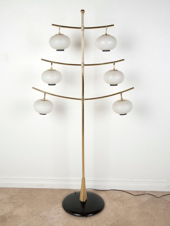 Unique Asian influenced brass & frosted glass floor lamp 4