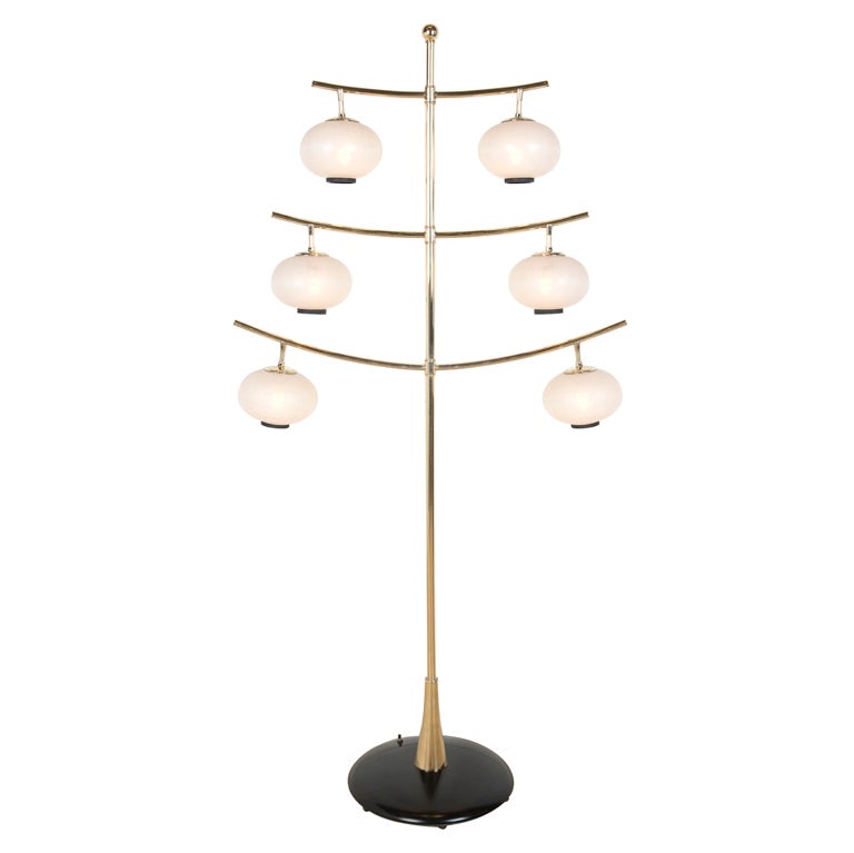 Unique Asian influenced brass & frosted glass floor lamp