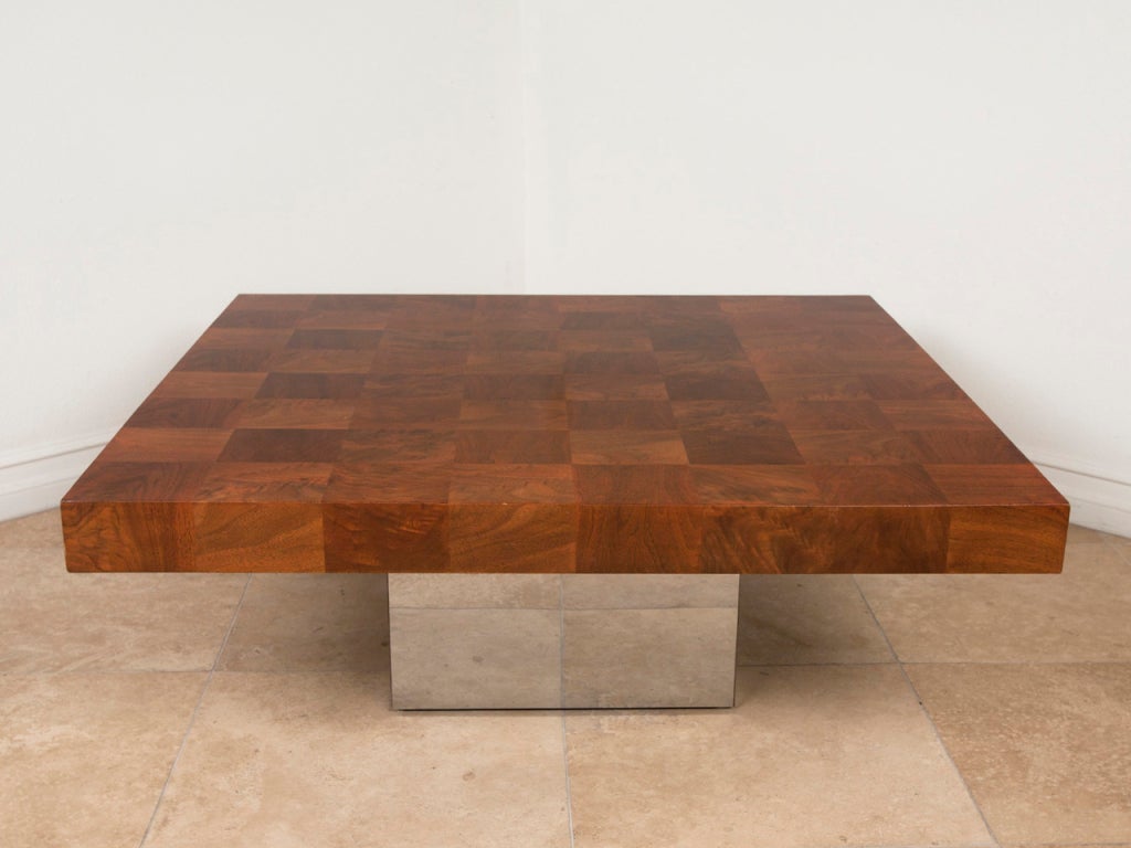 Chrome and walnut parquet coffee table designed by Milo Baughman for Thayer Coggin.