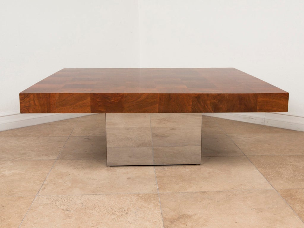 American Chrome and walnut parquet coffee table by Milo Baughman