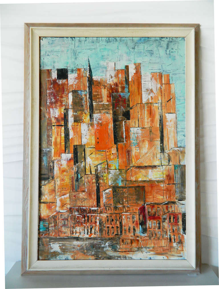 This abstract painting by Clifton Smith features the architecture of New York City--brownstones, skyscrapers, hotels and churches.