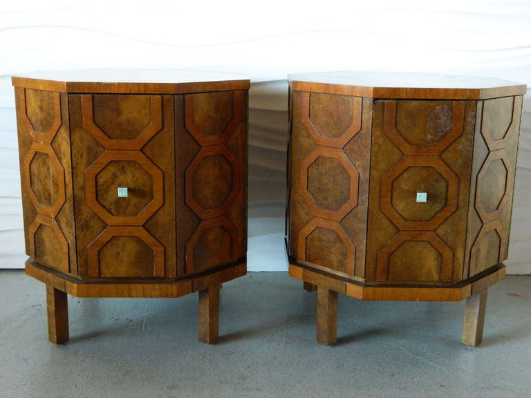 This pair of Hollywood Regency-inspired nightstands are hexagonal in shape and feature unique ceramic tile pulls. Made by Romweber.