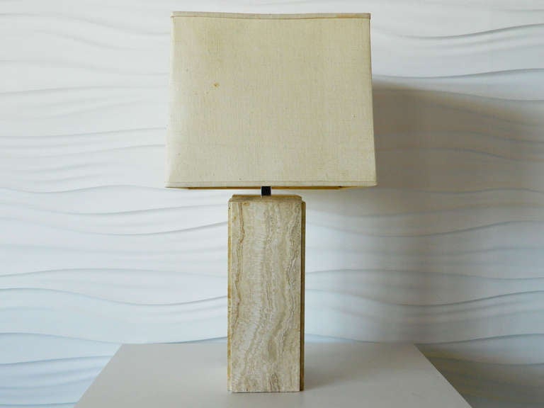 Stunning travertine marble lamp with original square linen shade circa 1970s.