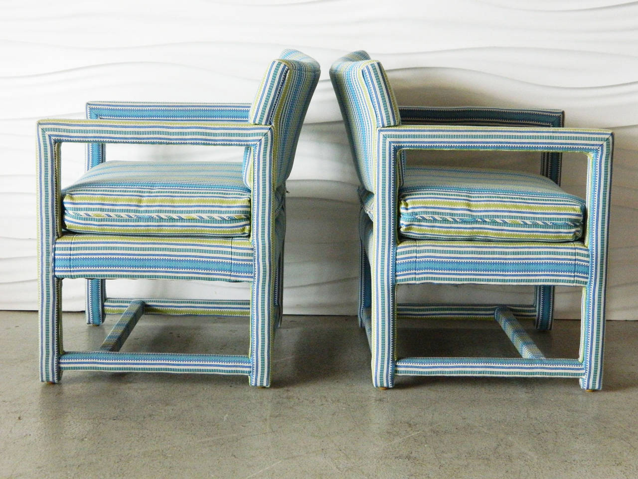 In the style of Milo Baughman, these upholstered parsons loungers are covered in a fresh and colorful Schumacher fabric.