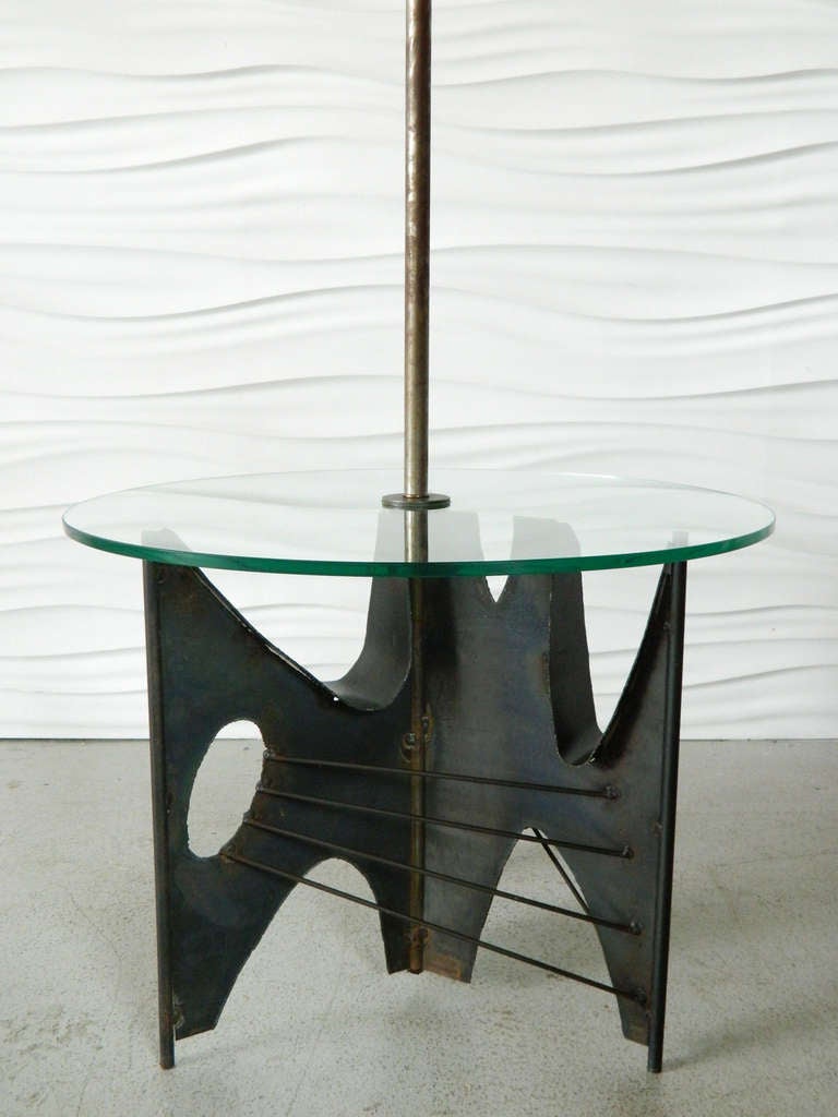 American Brutalist Metal Floor Lamp with Glass Table 