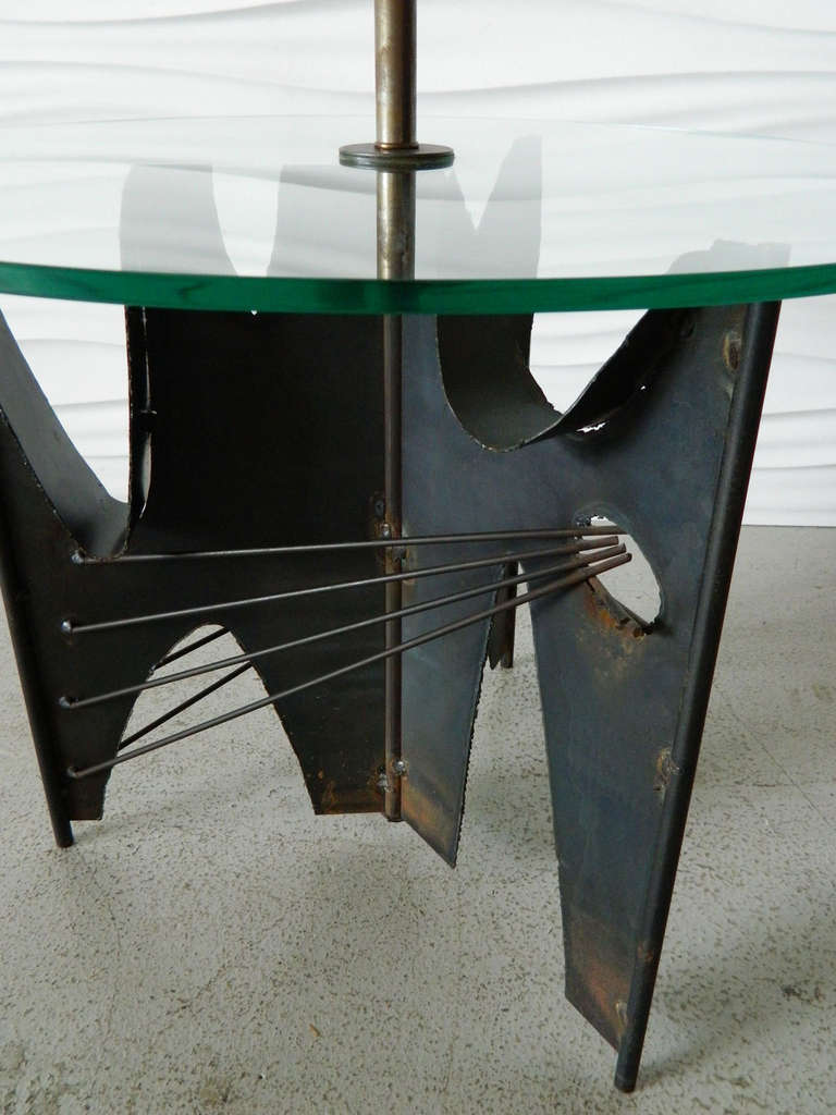 Brutalist Metal Floor Lamp with Glass Table  In Good Condition In Baltimore, MD