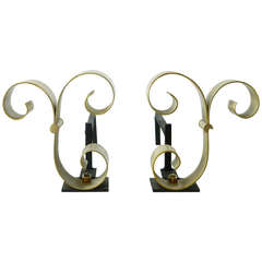 Pair of Brass Scroll Andirons Attributed to Raymond Subes 11