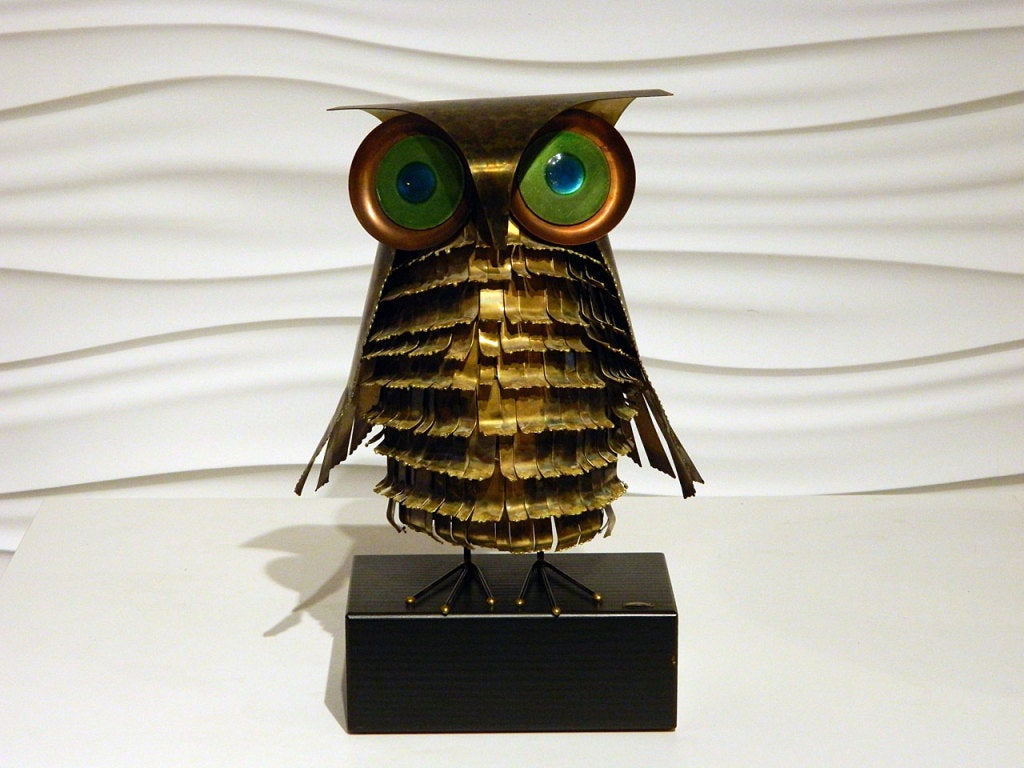 Metal owl with enamel eyes designed by Curtis Jere in 1969. Signed.