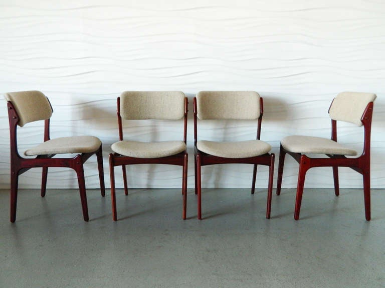 Set of four Eric Buck rosewood side chairs with original tweed-style fabric. Made in Denmark.