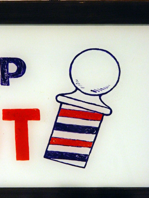 Vintage Reverse Painted Glass Barber Shop Sign In Good Condition For Sale In Baltimore, MD