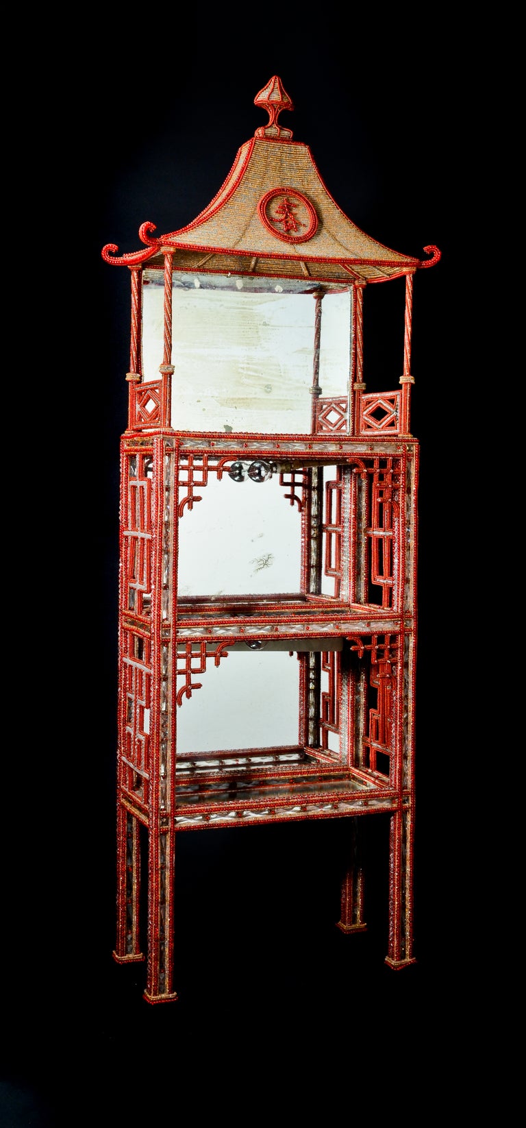 A RARE & EXQUISITE FRENCH CHINOISERIE STYLE, CUT CRYSTAL, RUBY BEADED GLASS & CLEAR BEADED GLASS MIRRORED VITRINE OF EXCEPTIONAL CRAFTSMANSHIP & UNUSUAL SHAPE,CA.20TH CENTURY.