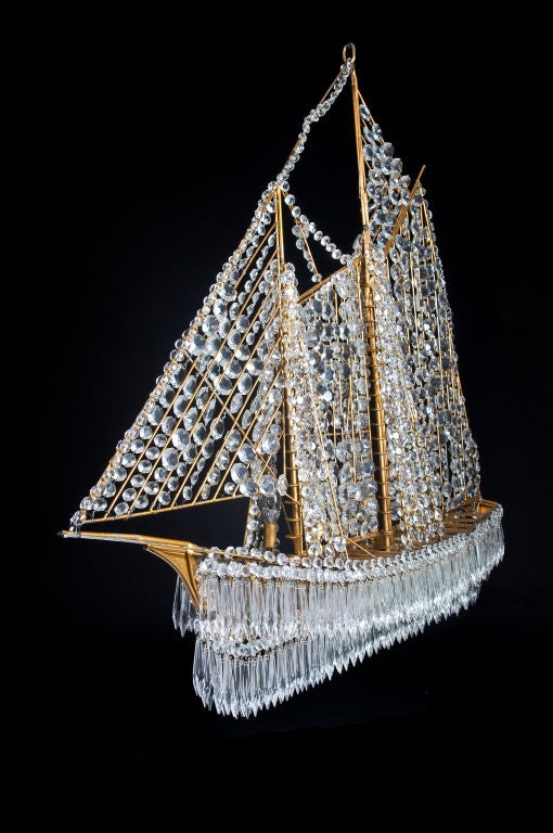 Bagues French Gilt Bronze &  Crystal Ship Chandelier, ca.1920's. In Good Condition For Sale In New York, NY