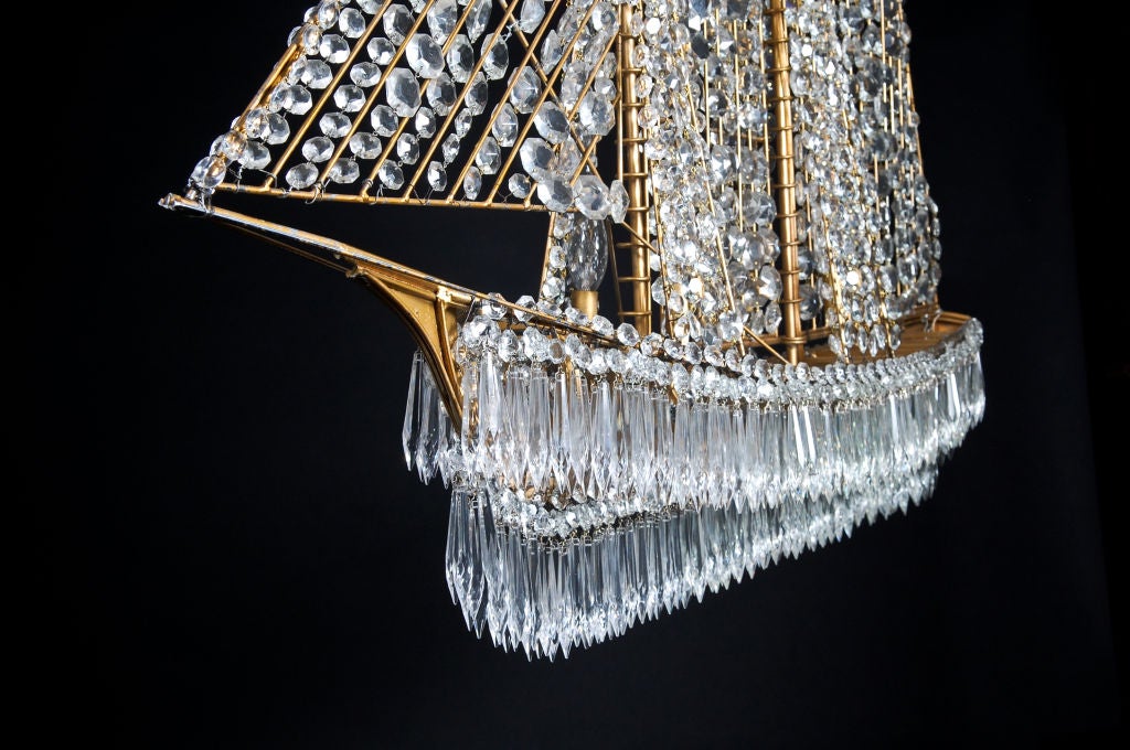 20th Century Bagues French Gilt Bronze &  Crystal Ship Chandelier, ca.1920's. For Sale